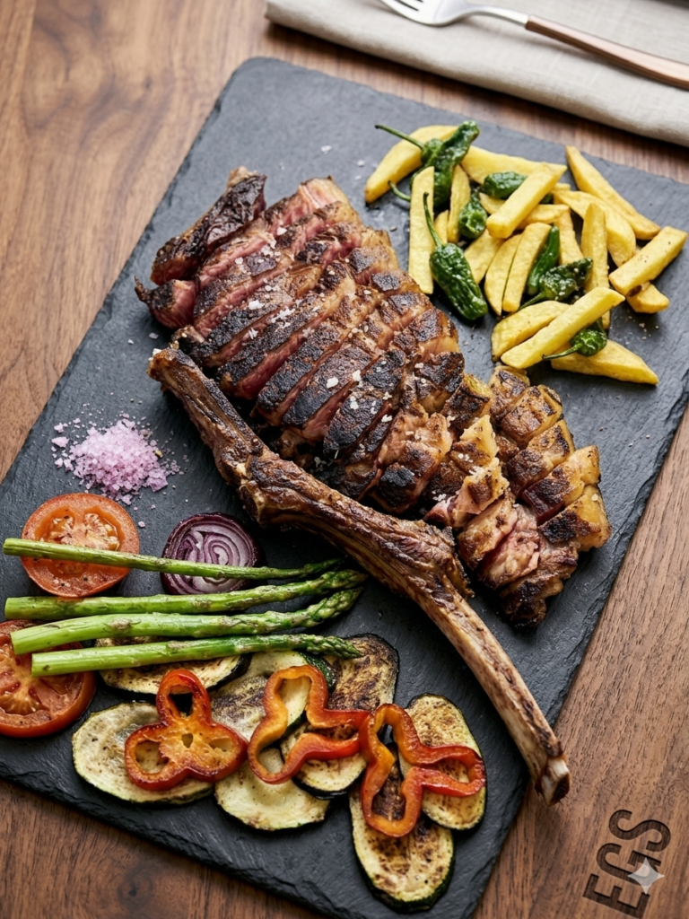 Plato de carne a la parrilla con patatas, verduras y tomate en Restaurante La Tassa