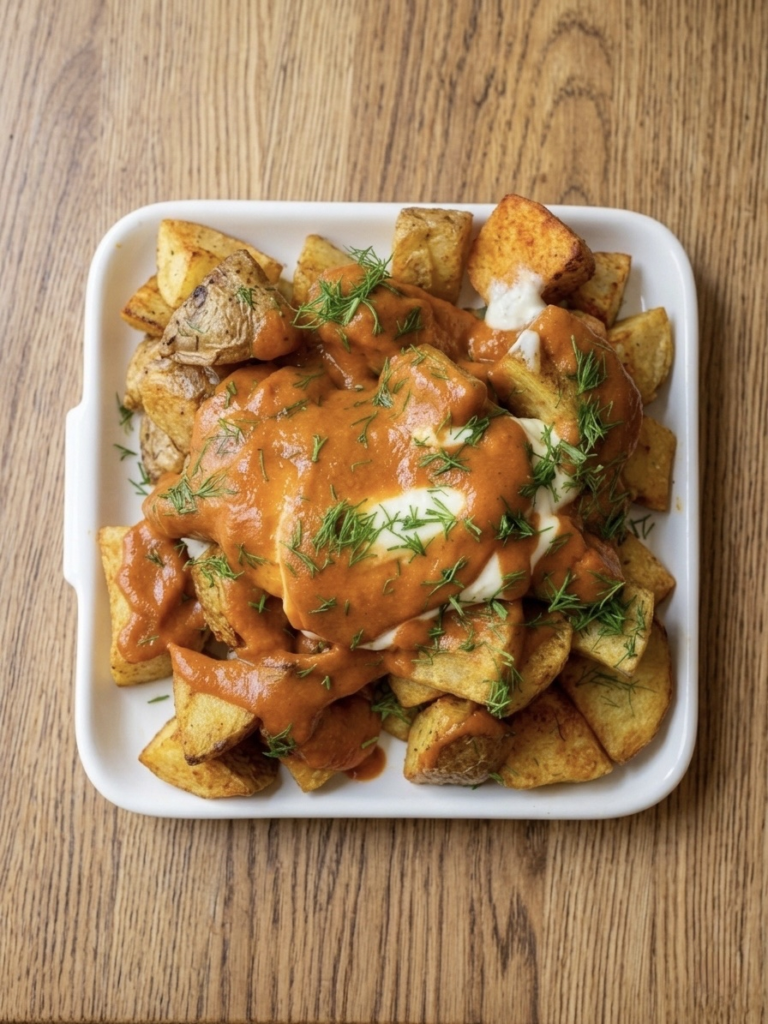 Patatas bravas con salsa y hierbas en Restaurante La Tassa