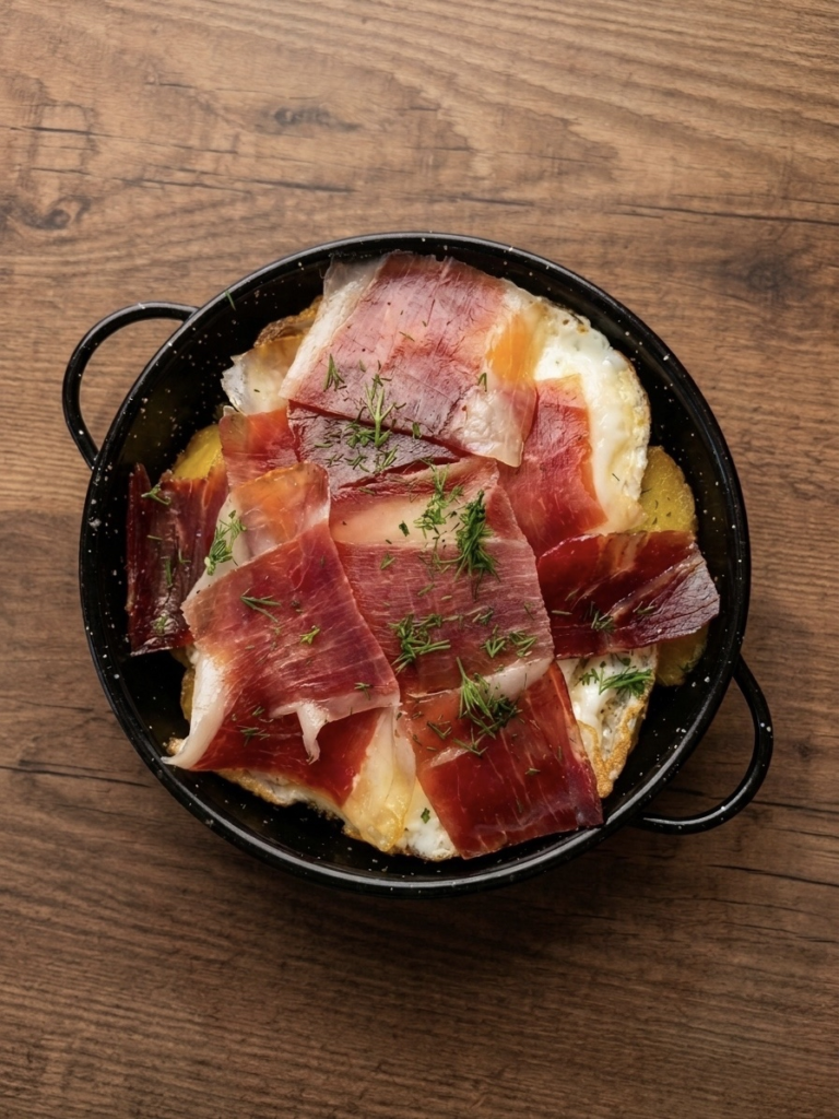 Plato de huevos con jamón ibérico en Restaurante La Tassa