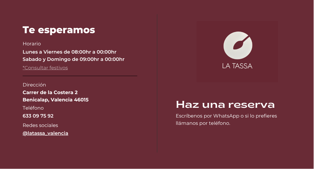 Horarios, dirección y contacto de La Tassa, restaurante en Benicalap, Valencia.