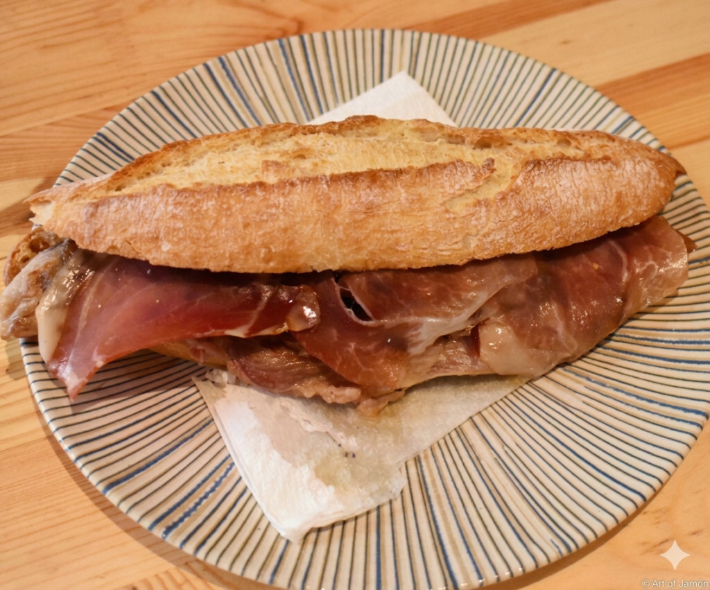 Bocadillo de jamón ibérico en pan crujiente en Restaurante La Tassa