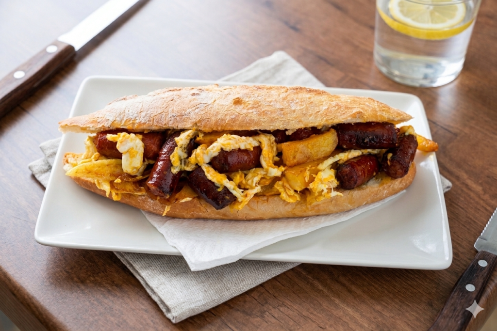 Bocadillo de chistorra con huevo y patatas en pan crujiente en Restaurante La Tassa