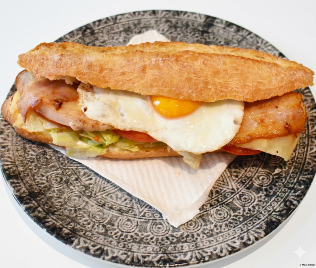 Bocadillo Pechivi con bacon, huevo frito, tomate y lechuga en pan crujiente