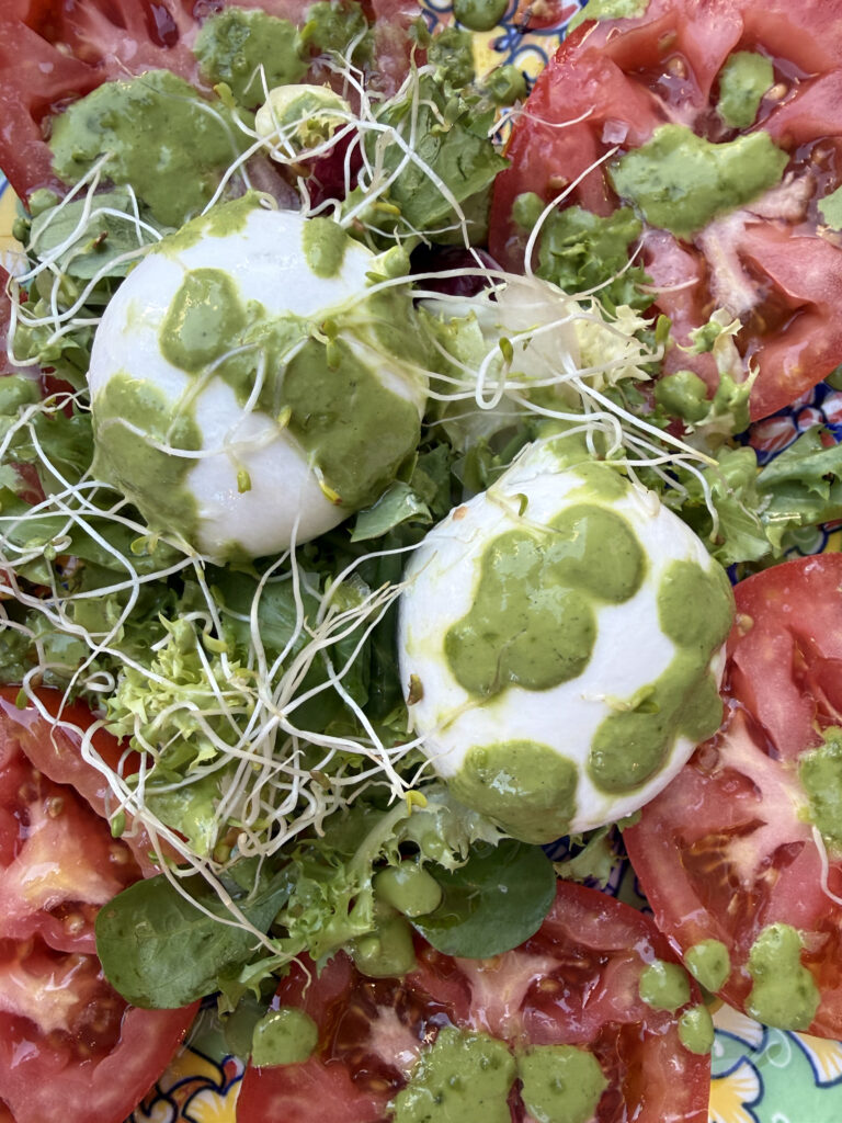 Ensalada fresca con burrata, tomate, brotes verdes y salsa de hierbas – Agencia Brilla.
